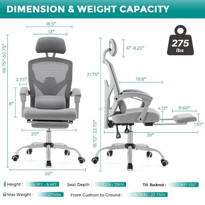 ALINUNU Back Mesh Office Chair with Footrest 34.39 Pounds and Reclining Function