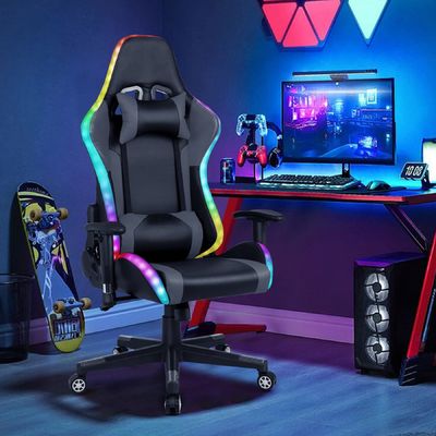 Comfortable Faux Leather Gaming Swivel Chair with LED Light Bar and Massage Feature