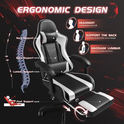 Height Adjustable Recliner Gaming Chair with Footrest and Massage Lumbar Support