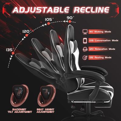 Height Adjustable Recliner Gaming Chair with Footrest and Massage Lumbar Support