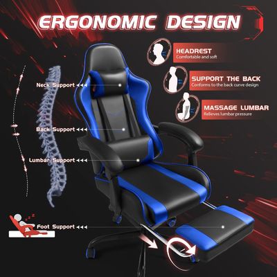 Solid Back Style Ergonomic Gaming Chair with Footrest and Massage Lumbar Support