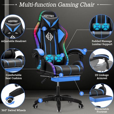 Customized Color Ergonomic Gaming Chair with LED Lights Footrest and Swivel Style