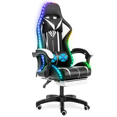 ALINUNU Faux Leather Ergonomic Computer Massage Gaming Chair with LED Lights and Footrest