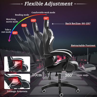 ALINUNU Faux Leather Ergonomic Computer Massage Gaming Chair with LED Lights and Footrest
