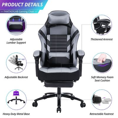 Customized Color Gaming Chair with Footrest 400lb Memory Foam Adjustable Tilt Back Angle