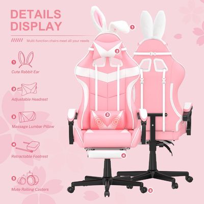 Swivel Chair Pink Gaming Chair with Footrest and Adorable Bunny Design Mail Packing