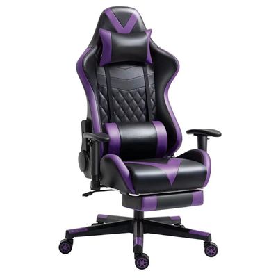 Adjustable Armrest Gaming Home Chair with Footrest and Massage in Purple Leather