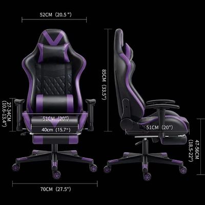 Adjustable Armrest Gaming Home Chair with Footrest and Massage in Purple Leather