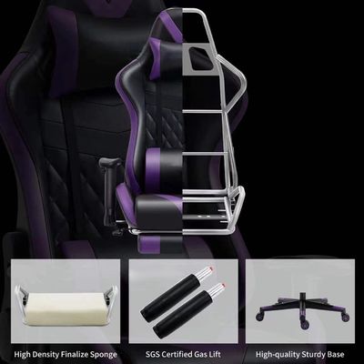 Adjustable Armrest Gaming Home Chair with Footrest and Massage in Purple Leather