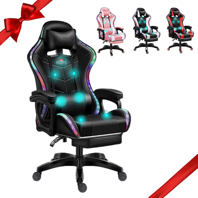 Modern Design Metal Iron PC Massage Gaming Chair with LED Lights and Lumbar Support