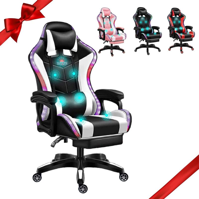 ALINUNU PC Massage Gaming Chair Swivel Racing LED Chair with Speakers and Lumbar Pillow